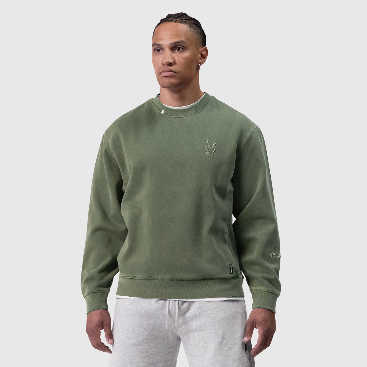 0861. Tech Essential™ Distressed Crewneck - Faded Olive | ASRV