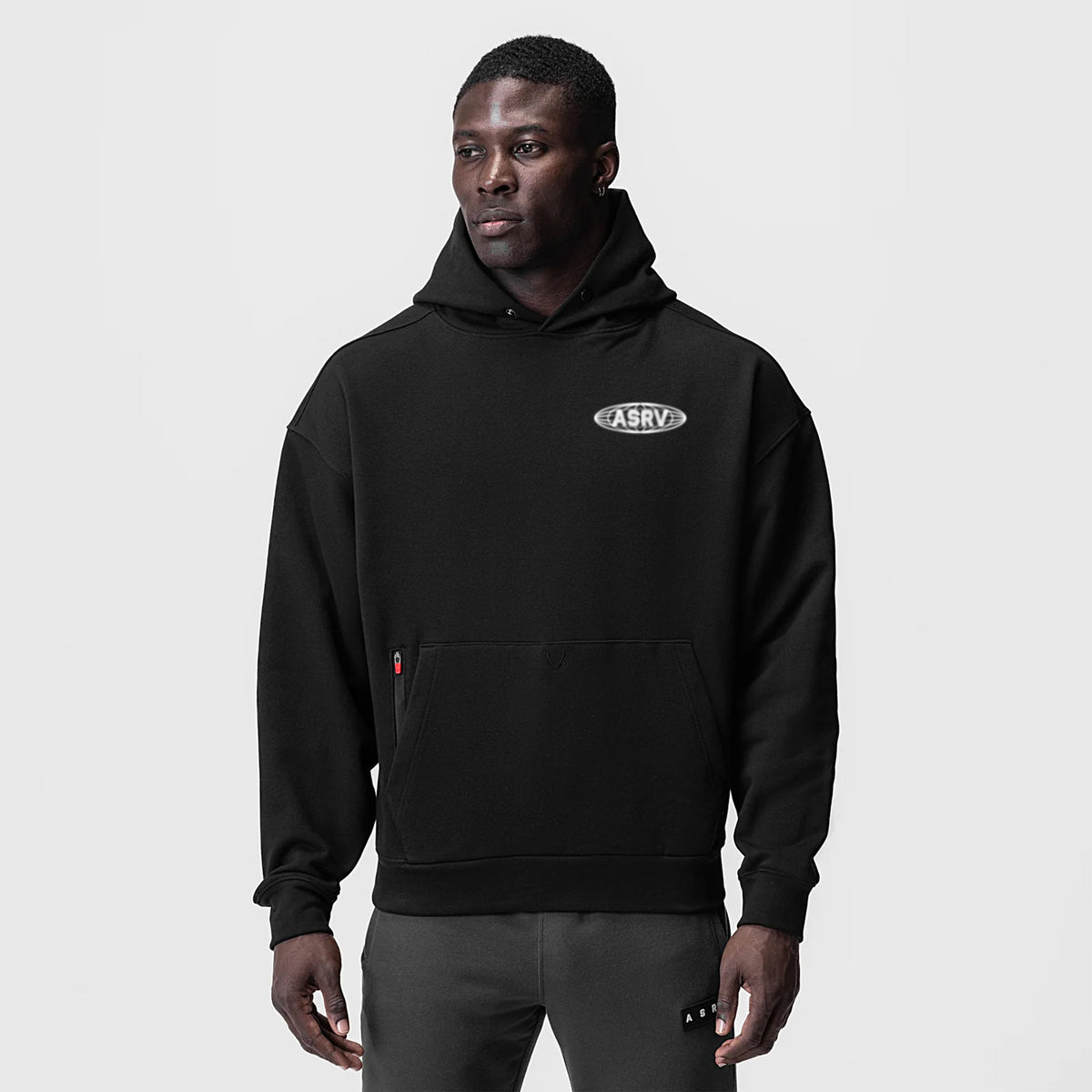 0874. Tech-Terry™ Zip Pocket Hoodie - Black "Global Reach" | ASRV