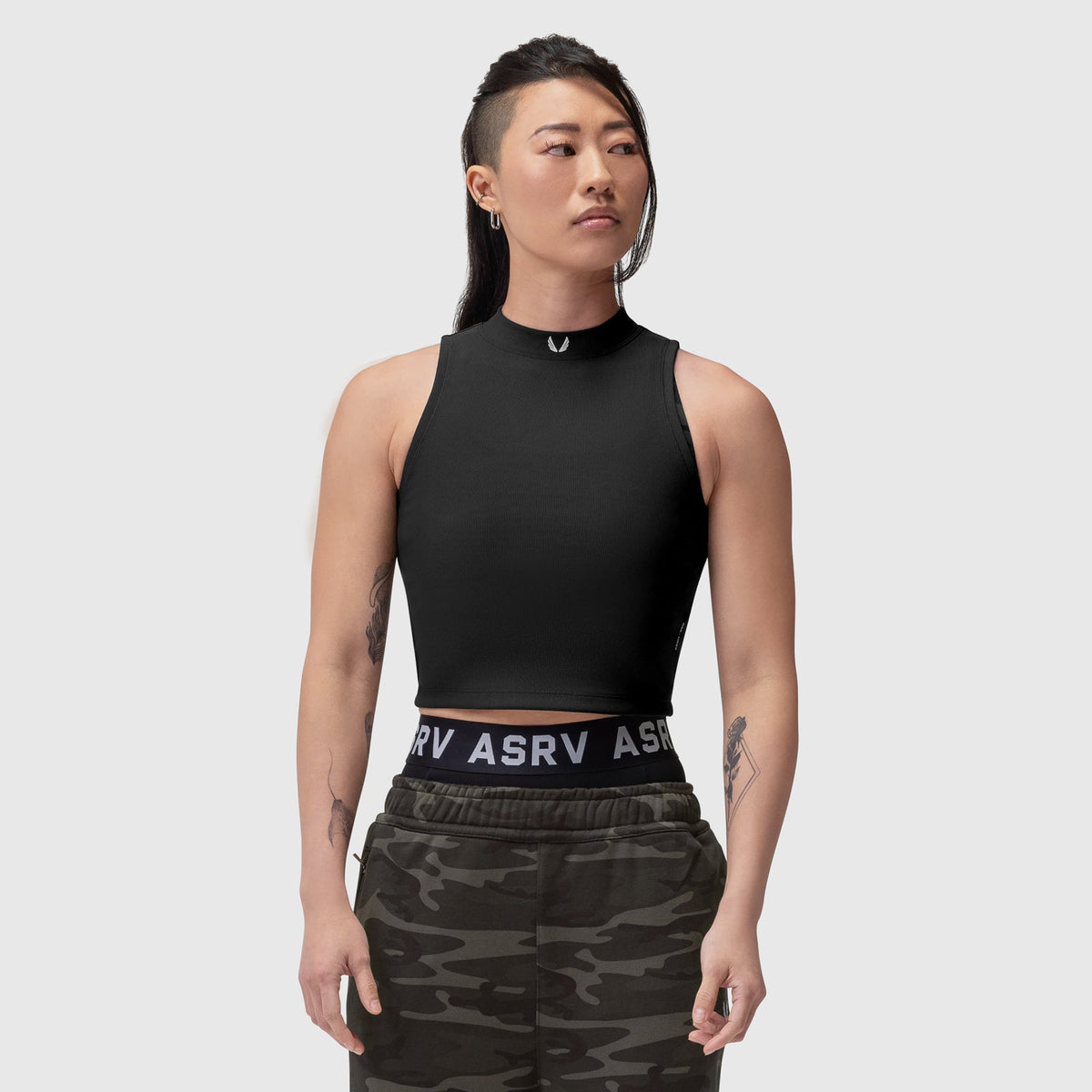 W023. LYCRA® Ribbed Mockneck Tank - Black | ASRV