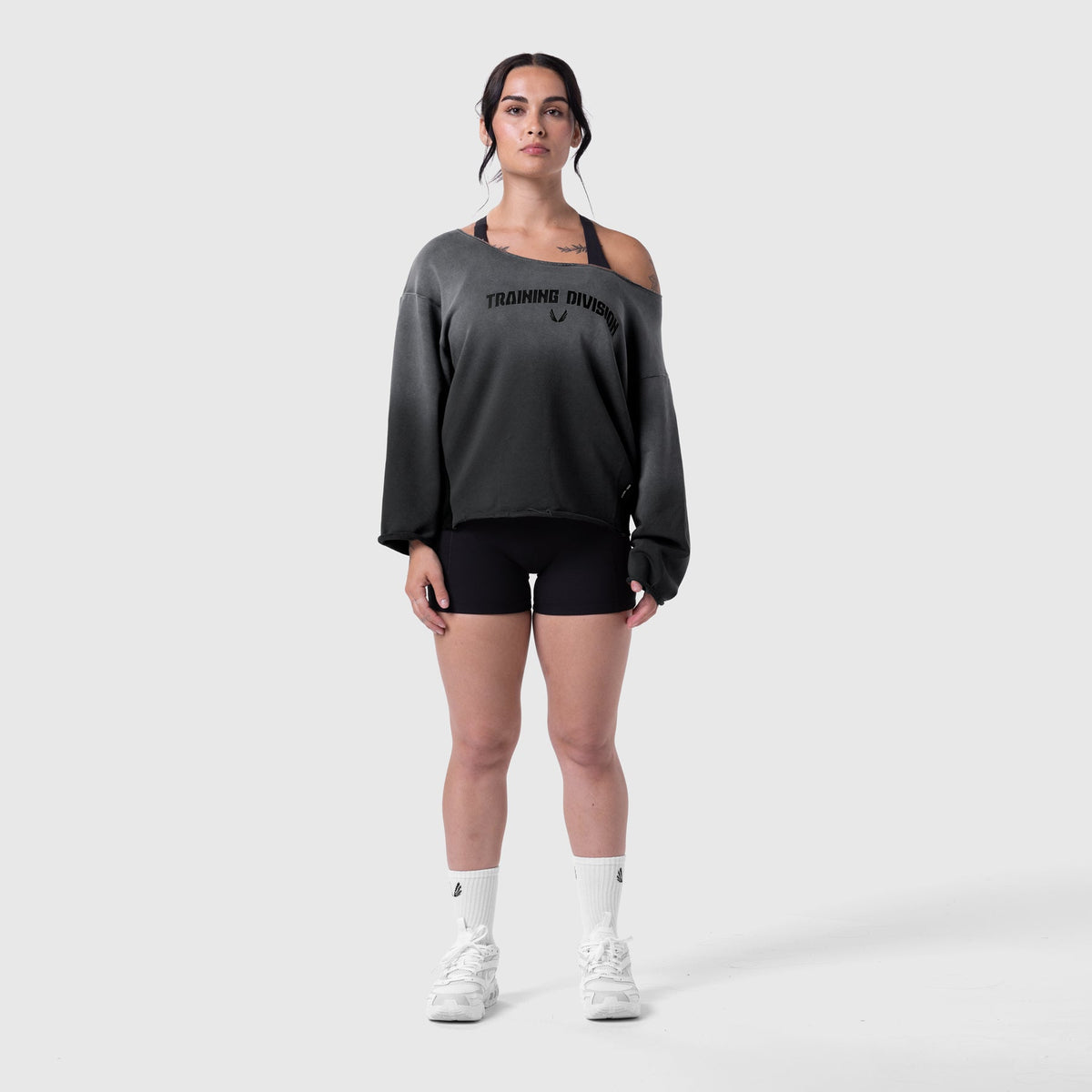 W049. Raw Hem Oversized Crewneck - Black Sun Fade | ASRV