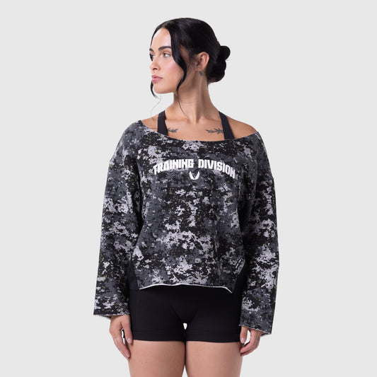 W049. Raw Hem Oversized Crewneck - Pixel Camo | ASRV