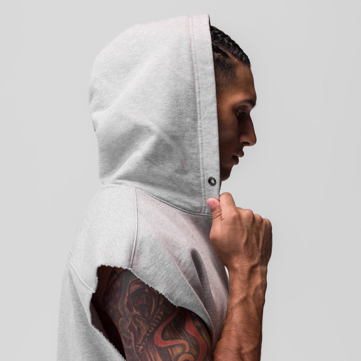 0844. Tech Essential™ Raw Hem Cutoff Hoodie - Heather Grey | ASRV