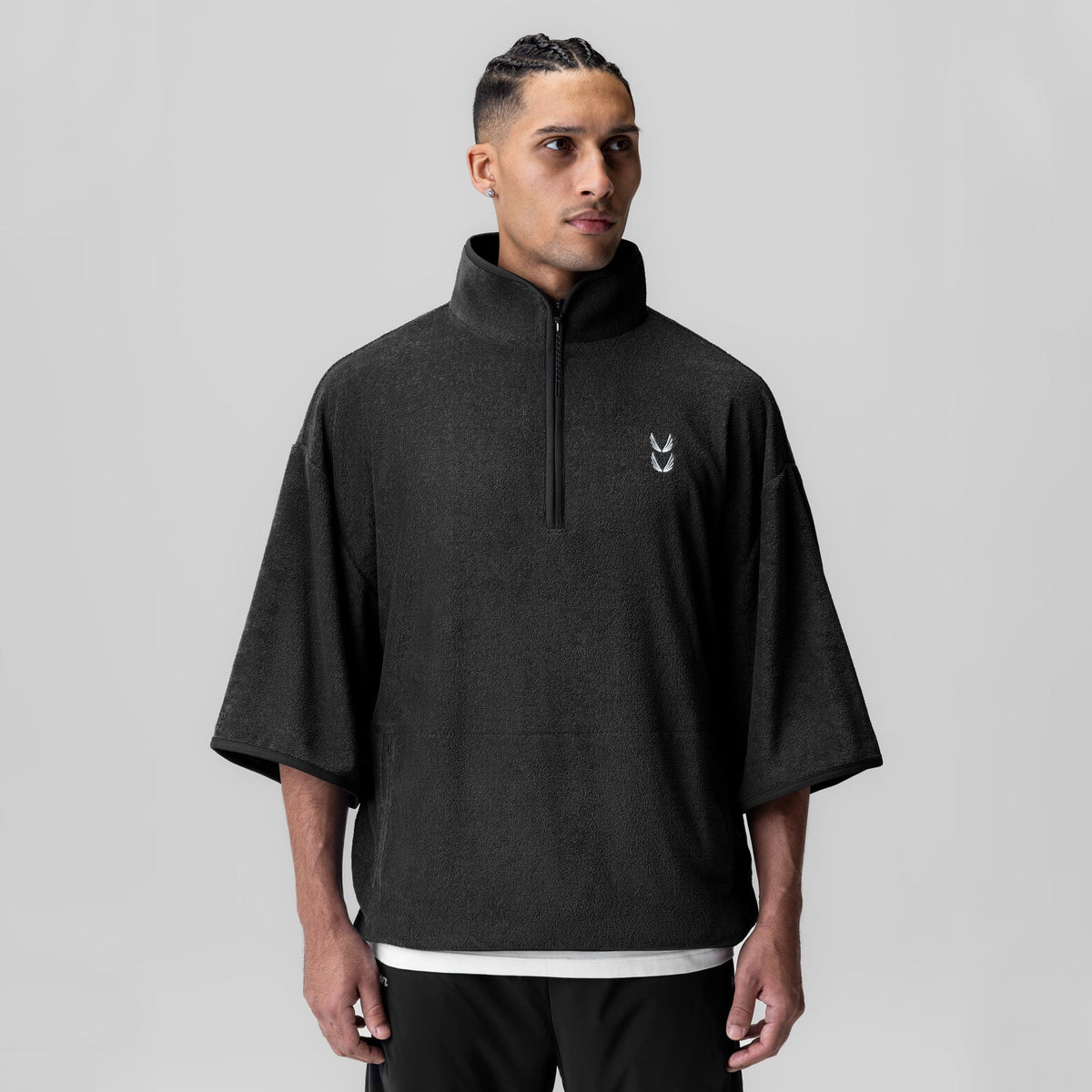1057. Towel Terry Quarter Zip Oversized Tee - Black | ASRV