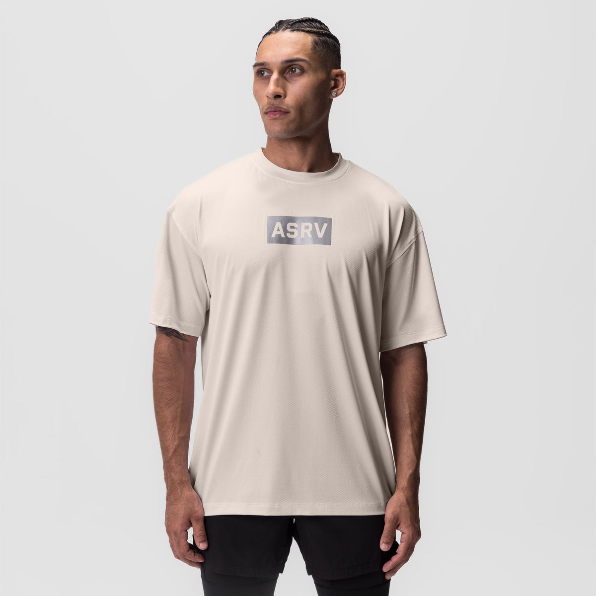 0822. AeroSilver® Oversized Tee - Beige "Box Logo" | ASRV